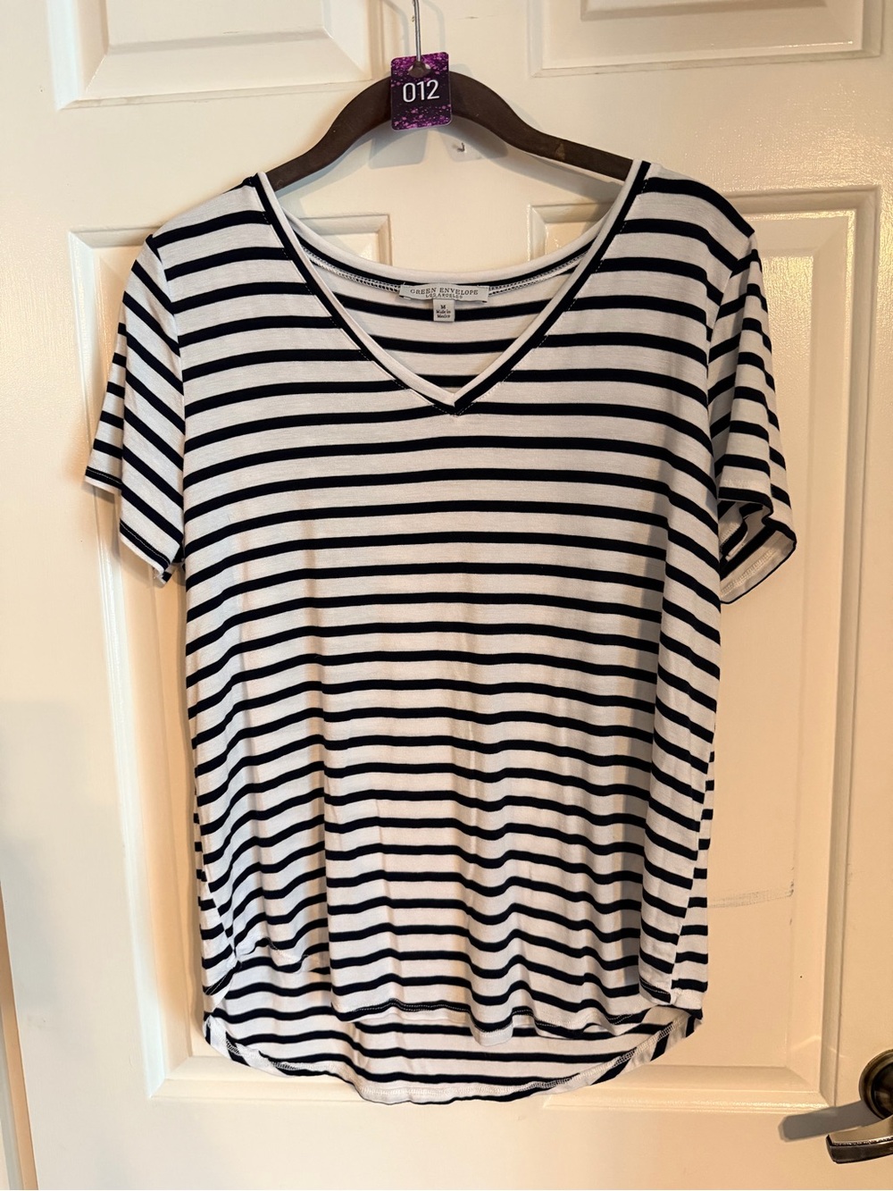 Green Envelope Black & White Striped V-Neck Short Sleeve Top